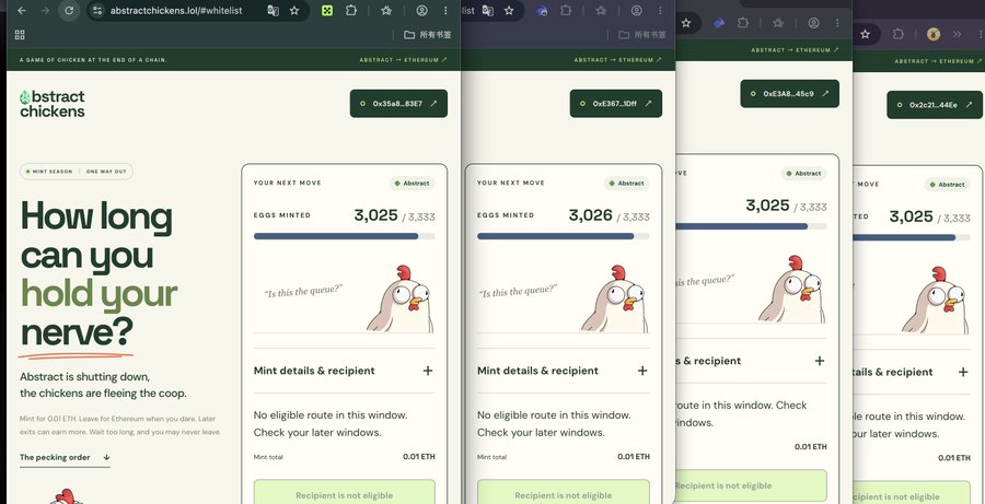 Four overlapping screenshots of the Abstract Chickens NFT minting page on abstractchickens.io display progressively higher "Eggs Minted" counters—3,025, 3,026, and 3,025 with the message "No eligible route in this window. Check your later windows"—illustrating the user's frustrating late-night attempts to claim a chicken before Abstract shuts down its game, with tagline reading "How long can you hold your nerve?" and copy stating "Abstract is shutting down, the chickens are fleeing the coop."