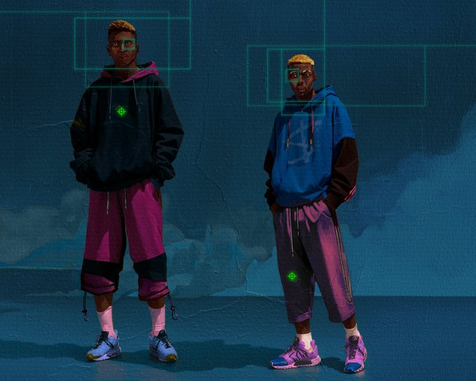 Digital artwork showing two young men in streetwear (hoodies and shorts) standing against a teal background, with green targeting reticle graphics overlaid.