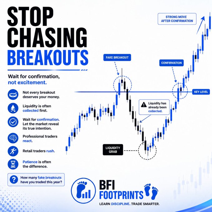 A trading infographic titled 'STOP CHASING BREAKOUTS' by BFI Footprints, illustrating the difference between fake breakouts, liquidity grabs, and confirmed breakouts with candle chart examples.