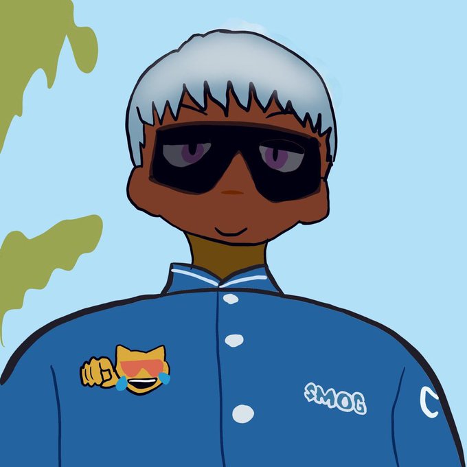 A cartoon illustration of a character with dark skin, white hair, and black sunglasses wearing a blue button-up shirt featuring a crying laughing cat emoji patch and the text '#MOG'.