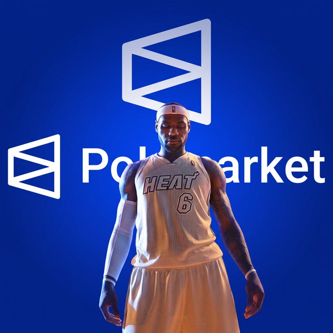 A basketball player wearing a white Miami Heat jersey with the number 6 stands against a blue background featuring the white Polymarket logo and the text 'Polymarket'.