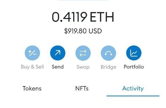 A cryptocurrency wallet interface displays a balance of 0.4119 ETH ($919.80 USD) with navigation options for Buy & Sell, Send, Swap, Bridge, and Portfolio, with the Activity tab currently selected. The image likely relates to the post by showcasing the user's crypto holdings, which could be relevant to NFT trading and whitelist qualifications mentioned in the thread.