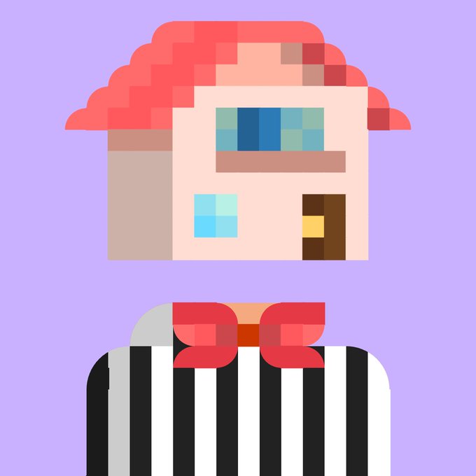 A flat design illustration of a small house with a red tiled roof above the head of a figure wearing a black and white striped shirt and a large red bow tie, on a purple background.