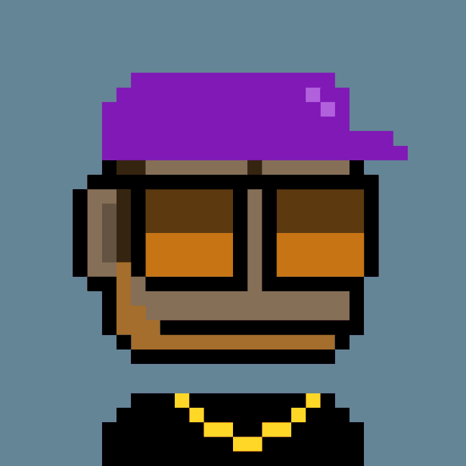 A pixel art illustration of a character wearing a purple cap, brown sunglasses, and a gold chain on a black shirt against a grey background.