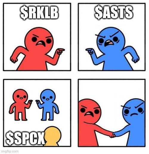 A four-panel meme with angry cartoon figures labeled "$RKLB", "$ASTS", and "$SPOX", showing two characters arguing and then shaking hands.