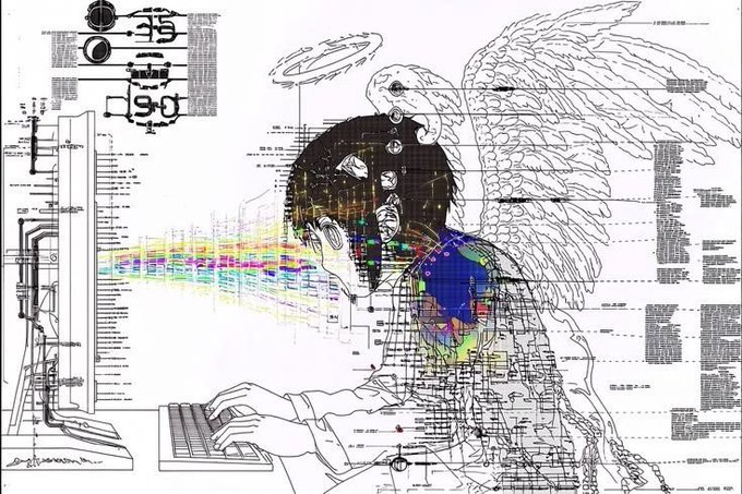 A detailed line-art illustration of a person typing at a computer, with their head replaced by a complex technological mechanism that projects a rainbow spectrum of data, accompanied by angel wings and technical diagrams.