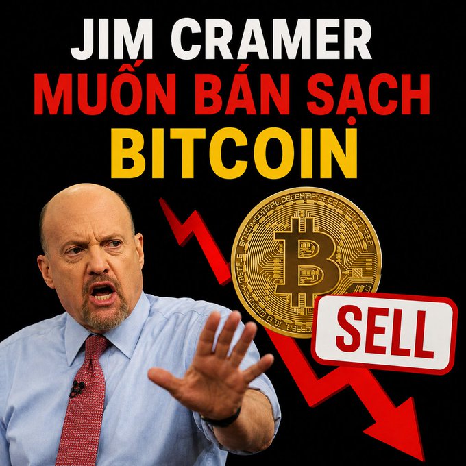 A graphic featuring Jim Cramer with text reading 'JIM CRAMER MUỐN BÁN SẠCH BITCOIN' alongside a Bitcoin coin, a downward red arrow, and a 'SELL' sign.