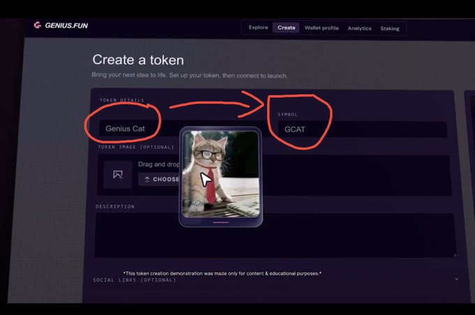 A screenshot of the Genius.fun token creation page displays "Genius Cat" entered as the token name with "GCAT" as the symbol, accompanied by a photo of a cat wearing glasses and a red tie. Red hand-drawn circles highlight the "Genius Cat" and "GCAT" fields, linking the leaked $GCAT meme name directly to the upcoming launchpad project.