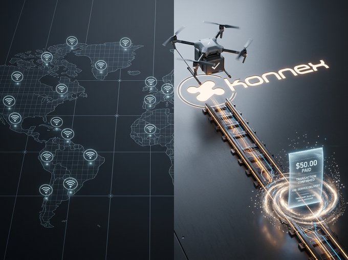 A split image showing a world map with Wi-Fi icons on the left, and a drone delivering a package labeled 'KONNEK' along with a holographic receipt showing '$50.00 PAID' on the right.