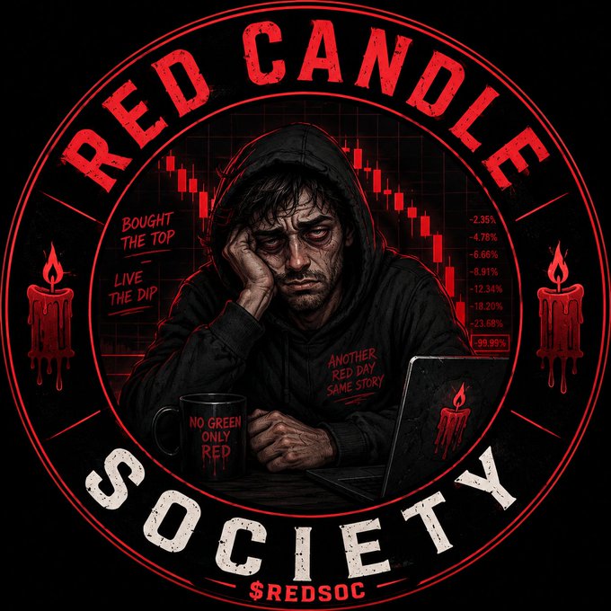 A graphic design for 'RED CANDLE SOCIETY' featuring a hooded figure looking dejected in front of a stock chart showing red candlesticks and descending percentages (-2.35% to -99.99%), with text reading 'BOUGHT THE TOP', 'LIVE THE DIP', 'NO GREEN ONLY RED', and 'ANOTHER RED DAY SAME STORY'.