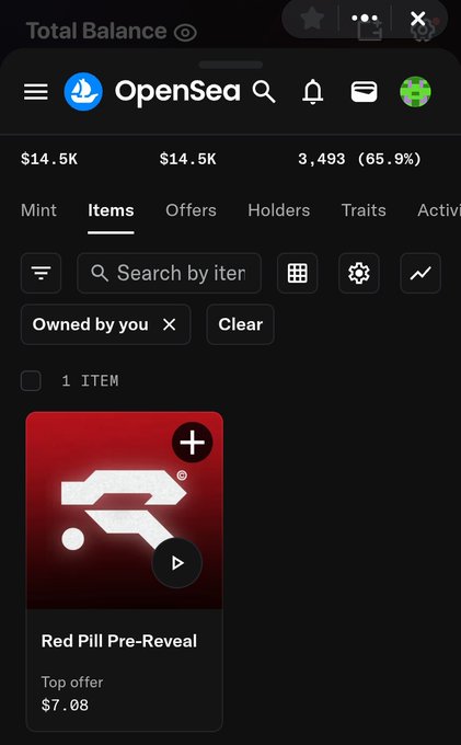 OpenSea NFT marketplace screenshot showing a portfolio with a total balance of $14.5K, displaying a 'Red Pill Pre-Reveal' item with a top offer of $7.08.
