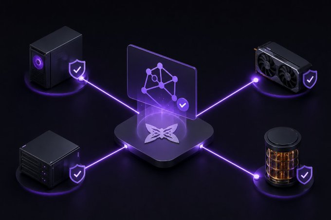 A futuristic 3D illustration of a decentralized network, with a glowing purple central hub displaying a butterfly logo, connected by neon lines to a PC tower, GPU, NAS, and storage device, each marked with a shield/checkmark icon.
