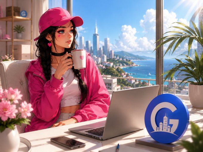 An anime-style illustration of a young woman in a pink cap and hoodie sipping from a heart-decorated mug while working on a laptop, with a city skyline and a 'G' logo sculpture nearby.