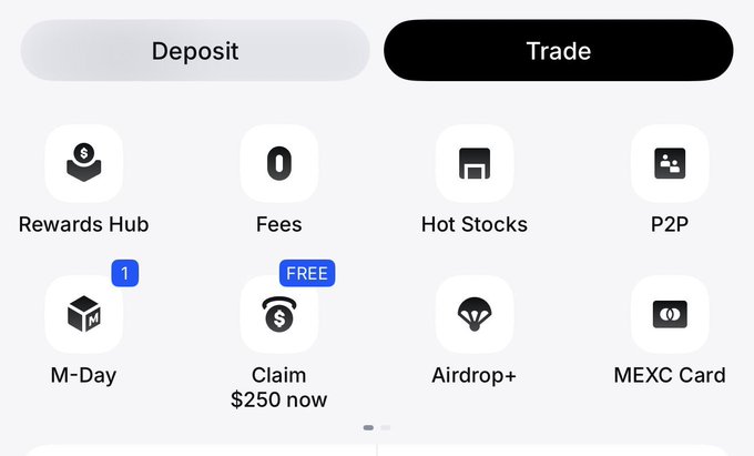 A screenshot of a mobile app interface showing a 'Deposit' and 'Trade' toggle, with icons for Rewards Hub, Fees, Hot Stocks, P2P, M-Day, Claim $250 now, Airdrop+, and MEXC Card.