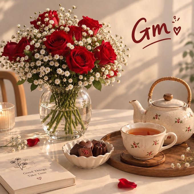 A warm, sunlit table setting featuring a vase of red roses with baby's breath, a floral teapot and teacup, a bowl of chocolates, and a book titled 'Good Things Take Time', with the name 'Gin ♡' written in red.