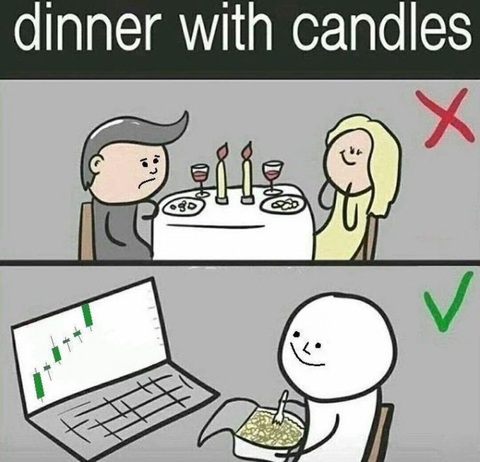 A two-panel meme comparing 'dinner with candles' as a negative option (X) versus a happy stick figure eating alone while watching green trading charts (✓).