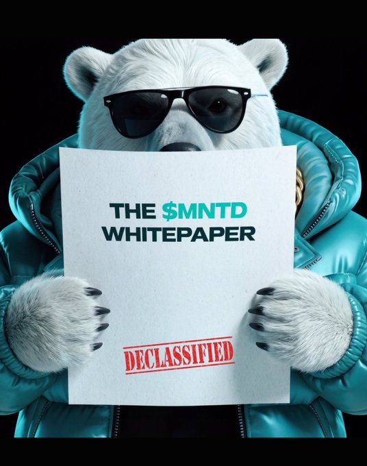 A polar bear wearing sunglasses and a teal puffer jacket holds a document reading 'THE $MNTD WHITEPAPER' stamped 'DECLASSIFIED' in red.