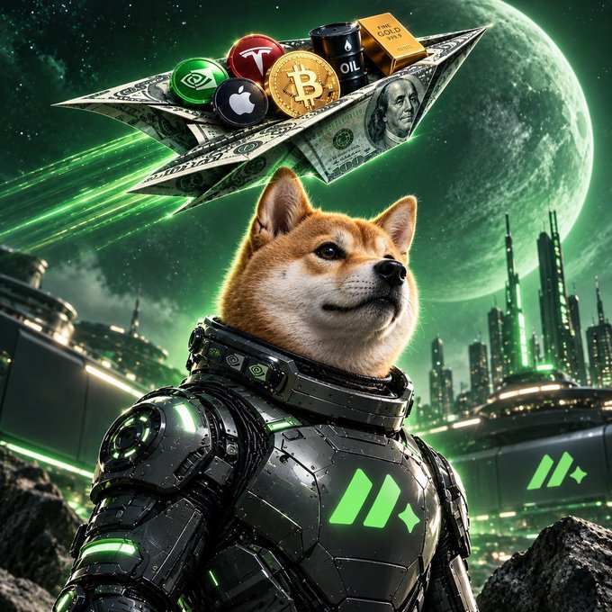 An AI-generated image depicts a Shiba Inu dog wearing futuristic green-lit armored astronaut gear, with a paper airplane made of dollar bills carrying various investment tokens (Bitcoin, Apple, Tesla, Nvidia, OIL, Gold) flying against a green space-themed city backdrop.