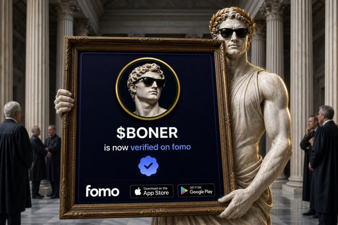 A marble statue wearing modern sunglasses holds a framed advertisement in a classical courthouse setting, displaying the text '$BONER is now verified on fomo' with App Store and Google Play download buttons.