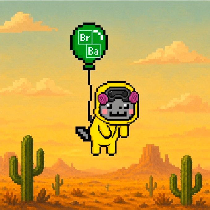 Pixel art of a monkey in a yellow hazmat suit floating with a green balloon labeled "Br Ba" over a desert landscape with cacti and mesas.