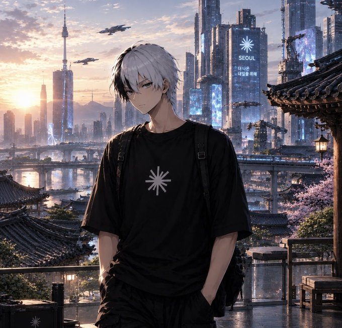 Anime-style illustration of a white-haired young man in a black t-shirt with an asterisk symbol, standing on a balcony overlooking a futuristic Seoul cityscape with traditional Korean rooftops, a river, and tall skyscrapers at sunset.