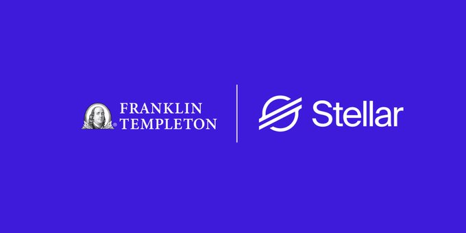 The image displays the Franklin Templeton and Stellar logos side by side on a purple background, visually representing the partnership discussed in the article about why Franklin Templeton chose the Stellar blockchain to anchor its BENJI tokenized money fund (FOBXX).