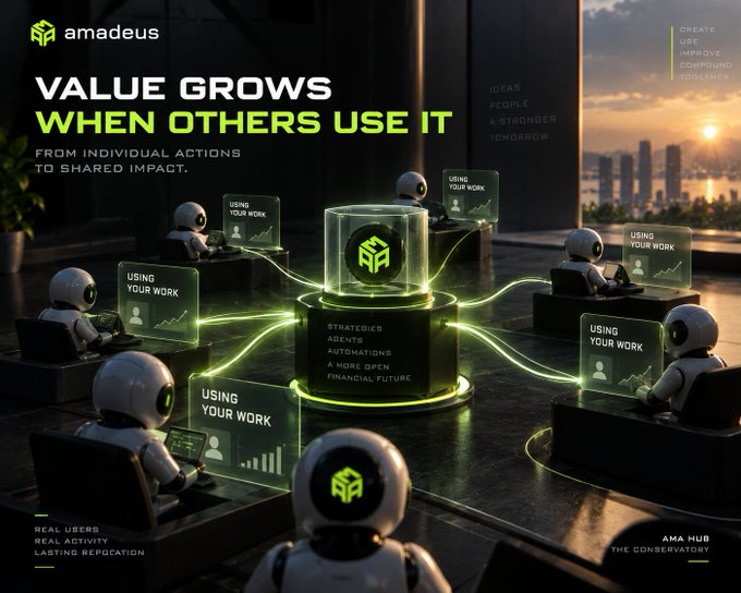 An Amadeus promotional graphic with the text 'VALUE GROWS WHEN OTHERS USE IT - FROM INDIVIDUAL ACTIONS TO SHARED IMPACT' features robotic figures using networked technology.