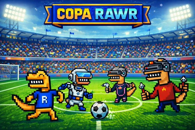 The image shows a soccer field with four cartoon dinosaurs playing soccer, each wearing a helmet and holding a soccer ball. The dinosaurs are positioned around the center of the field, engaged in an exciting game. In the background, there are people watching the game from behind a fence, adding to the atmosphere of a live match. A banner above the field displays "RAWR CUP THE TOURNAMENT BEGINS", indicating that this is the beginning of a tournament for the cartoon dinosaurs playing soccer.