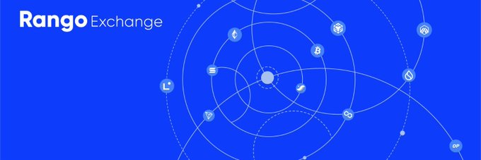 Blue promotional graphic for 'Rango Exchange' featuring a network of cryptocurrency token icons connected by orbital lines.
