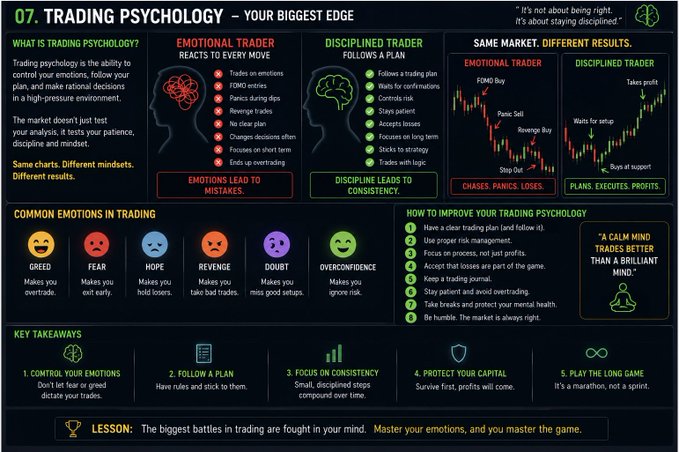 An infographic titled "07. TRADING PSYCHOLOGY – YOUR BIGGEST EDGE" comparing emotional vs. disciplined traders, showing common emotions like greed, fear, hope, revenge, doubt, and overconfidence with key takeaways.