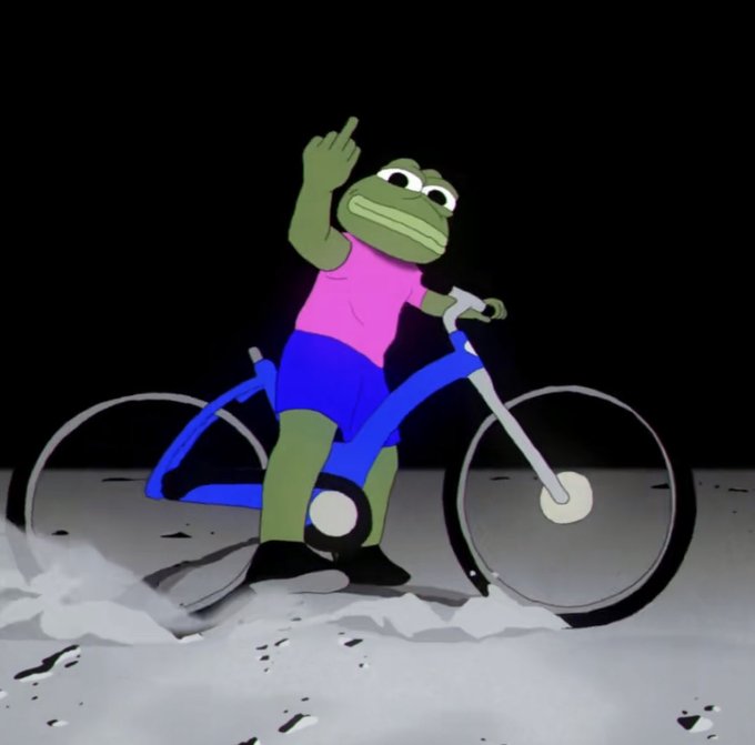 A cartoon illustration of a green frog character wearing a pink shirt and blue shorts riding a blue bicycle while giving the middle finger, set against a black background.