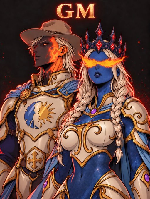 An anime-style digital artwork depicting two armored characters, one male in a cowboy hat and one female with a crown and flame over her eyes, with the letters 'GM' at the top.