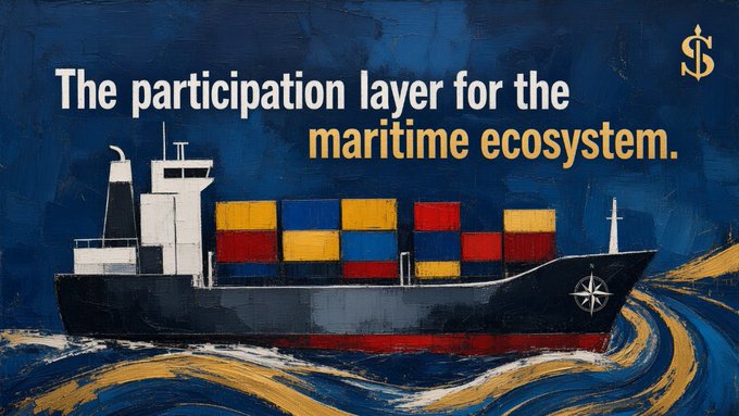 A painted illustration of a cargo ship at sea with the text 'The participation layer for the maritime ecosystem.' and a dollar sign logo in the top right corner.