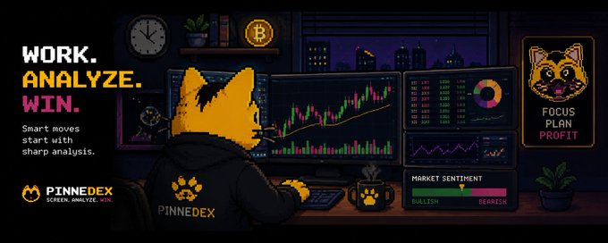 A pixel-art advertisement for PinnedEx shows an anthropomorphic cat at trading screens with the slogans 'WORK. ANALYZE. WIN.' and 'FOCUS PLAN PROFIT'.