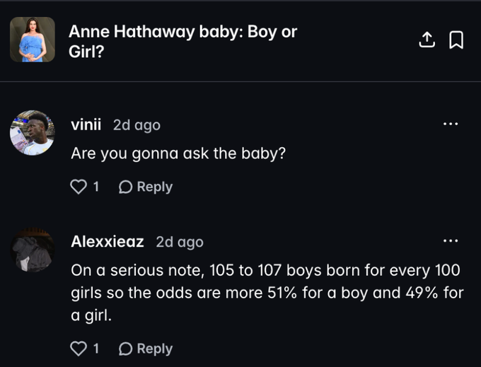 YouTube comment section screenshot under a video titled 'Anne Hathaway baby: Boy or Girl?' featuring witty comments about gender odds and asking the baby.