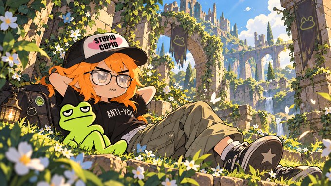 An anime-style orange-haired character wearing a “STUDIO CUPID” cap relaxes with a frog in a sunlit ruined garden.