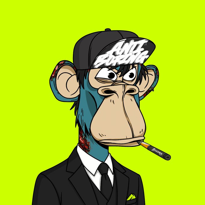 A cartoon illustration of a blue monkey wearing a black cap with the text 'ANTI BORING', a black suit and tie, smoking a cigarette, set against a bright green background.