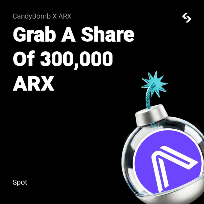 A promotional graphic for "CandyBomb X ARX" featuring a bomb illustration with the ARX logo inside, announcing the chance to "Grab A Share Of 300,000 ARX" through the CandyBomb campaign on Spot. The image visually reinforces the accompanying post about Arcium's ($ARX) token being available for trading to earn rewards.