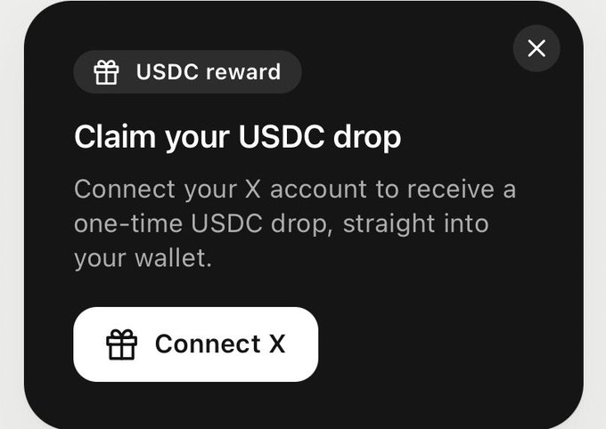 A dark-themed pop-up notification reading 'Claim your USDC drop' with the subtitle 'Connect your X account to receive a one-time USDC drop, straight into your wallet' and a 'Connect X' button.