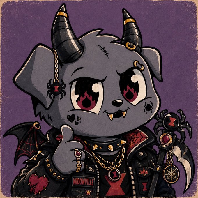 A cartoon-style illustration of a cute gray puppy-like demon character with black horns, flame-shaped red eyes, a scar over one eye, a spider earring, a bat wing, a studded collar, a black leather jacket, and a patch reading 'WIDOWVILLE' against a purple background.