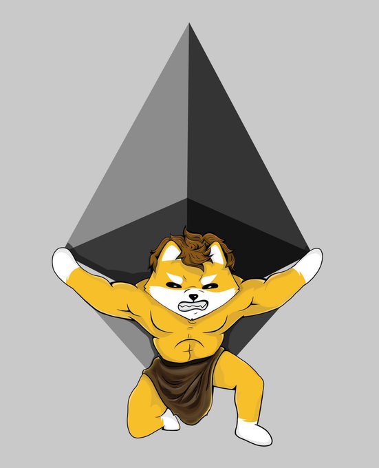 A cartoon illustration of a muscular anthropomorphic Shiba Inu dog wearing a loincloth, posing in front of a large black Ethereum diamond logo.