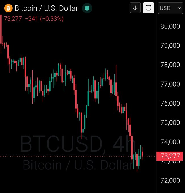 The image shows a black background with a line graph representing the price of Bitcoin over time. The x-axis represents time, while the y-axis displays the value of Bitcoin in US dollars. The line graph indicates that Bitcoin's value has been decreasing over time, reaching its lowest point at 73,000 US dollars. This information is relevant to the post because it suggests a downward trend in Bitcoin's value and may influence people's decisions regarding investing or trading Bitcoins.
