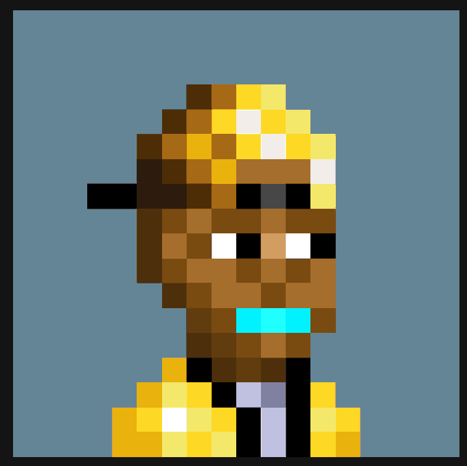 Pixel art portrait of a character with dark skin and white eyes wearing a yellow cap and yellow jacket with a teal collar, set against a blue background.