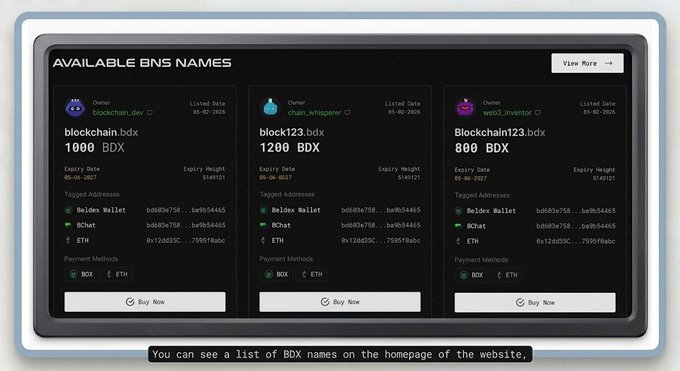 A digital marketplace interface displays AVAILABLE BNS NAMES for sale, listing 'blockchain.bdx' (1000 BDX), 'block123.bdx' (1200 BDX), and 'Blockchain123.bdx' (800 BDX) with buy options for BDX and ETH.