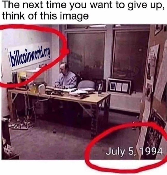 A grainy 1994 photograph shows a man working alone at a cluttered desk in a sparse office, with a hand-painted "billcoinworld.org" banner on the wall behind him and a timestamp of "July 5, 1994" in the corner—presented as a vintage "origin story" to reinforce the post's hype that $BILLCOIN is the "king of 2026" with committed diamond hands.