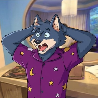 An anthropomorphic wolf character wearing purple pajamas decorated with yellow stars and a crescent moon clutches its head in an exaggerated expression of shock or excitement, set in a domestic kitchen/bedroom interior. The image fits the post's hype about a "new alpha in town" from the Cronos network, with the character's dramatic reaction matching the excited, viral energy of someone reacting to a new crypto token launch.