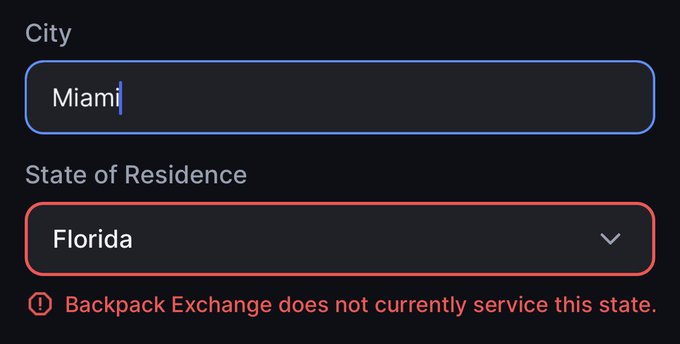 A screenshot shows a Backpack Exchange signup form displaying "Miami" in the City field and "Florida" selected in the State of Residence dropdown, accompanied by an error message stating "Backpack Exchange does not currently service this state." This image illustrates the user's frustration in the post, who questions why Backpack is blocking Florida—a U.S. state—if they are issuing a legally compliant securities product.