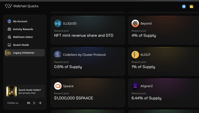 Screenshot of the 'Wallchain Quacks' dashboard showing 'Legacy Initiatives' with reward pools including ILLIQUID (NFT mint revenue share and GTD), Beyond (4% of Supply), CodeXero by Cluster Protocol (0.6% of Supply), KLOUT (1% of Supply), Spaace ($1,000,000 $SPACE), and AlignerZ (6.44% of Supply).