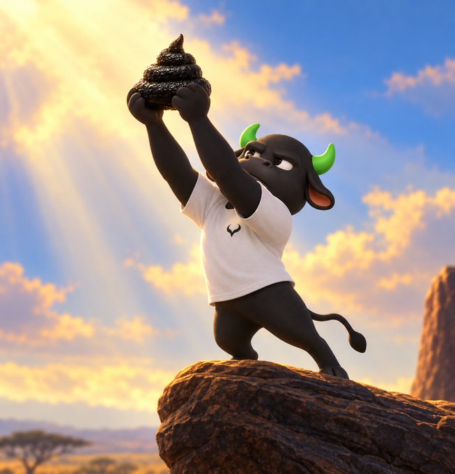 A cartoon bull with green horns triumphantly holds up a coiled pile of poop on a rocky outcrop at sunset, visually parodying the meme-worthy $BULLSHIT token launch by @BULLSHIT_ANSEM with the punchline "tip tip bullshit." 💩🐂