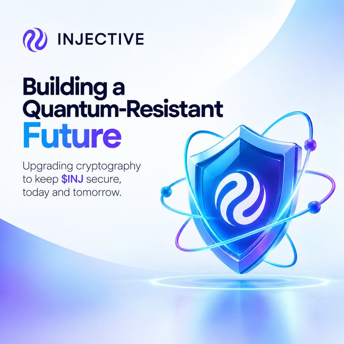 A promotional graphic for Injective cryptocurrency featuring a 3D blue shield with atomic orbitals, with text reading 'Building a Quantum-Resistant Future' and 'Upgrading cryptography to keep $INJ secure, today and tomorrow.'